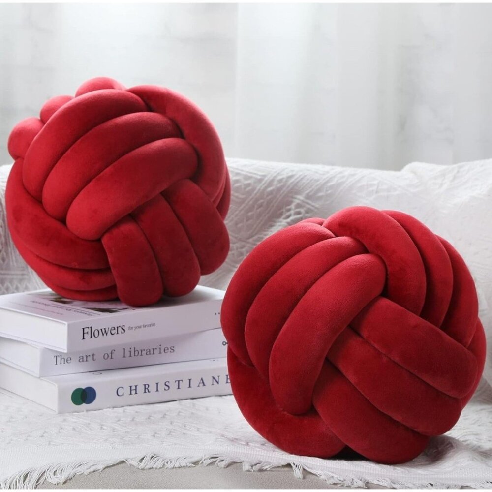 2 Pieces Knot Ball Pillows Round Plush Aesthetic Cushion Pillows Wine Red